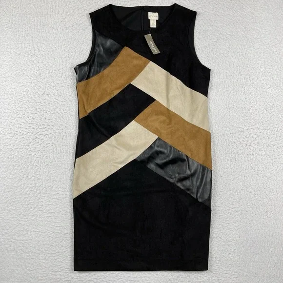 Chicos Dress Womens 1 Petite Medium 8P Black Brown Suede Faux Leather Patchwork - Picture 1 of 14